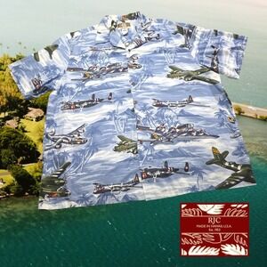 Kalaheo RJC Hawaiian World War II Bomber Fighter Planes Shirt Blue Tropic XXL